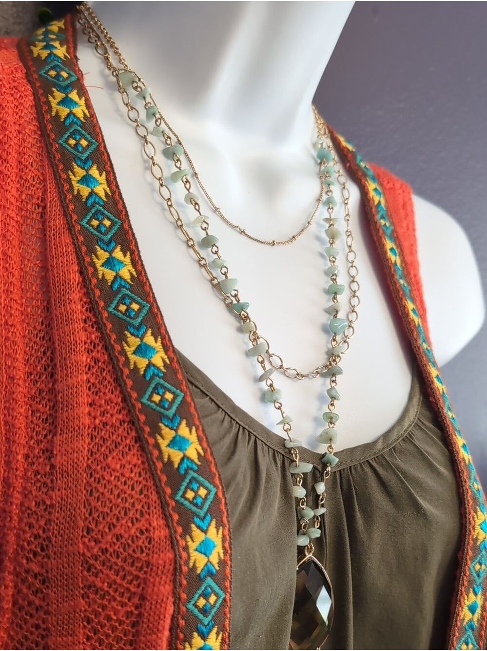 Avon Gold Layered Necklace with Pale Green Beads and Smoky Teardrop - Picture 4 of 7
